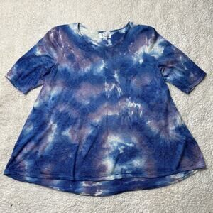 Ponsesa Blue Purple Tie Dye Short Sleeve Blouse Large